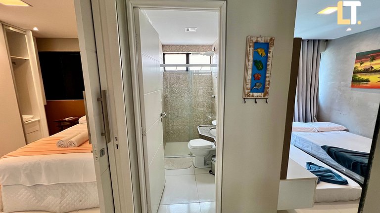 Habitación y Salón a 200mt playa Ponta Verde con 2 baños